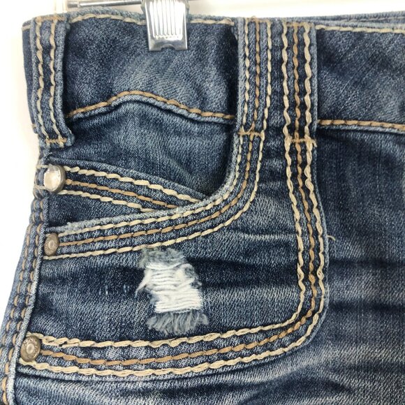 Almost Famous Denim Shorts Sz 1 Jrs Distressed Raw Hem Stretch Thick Stitches - Picture 2 of 10